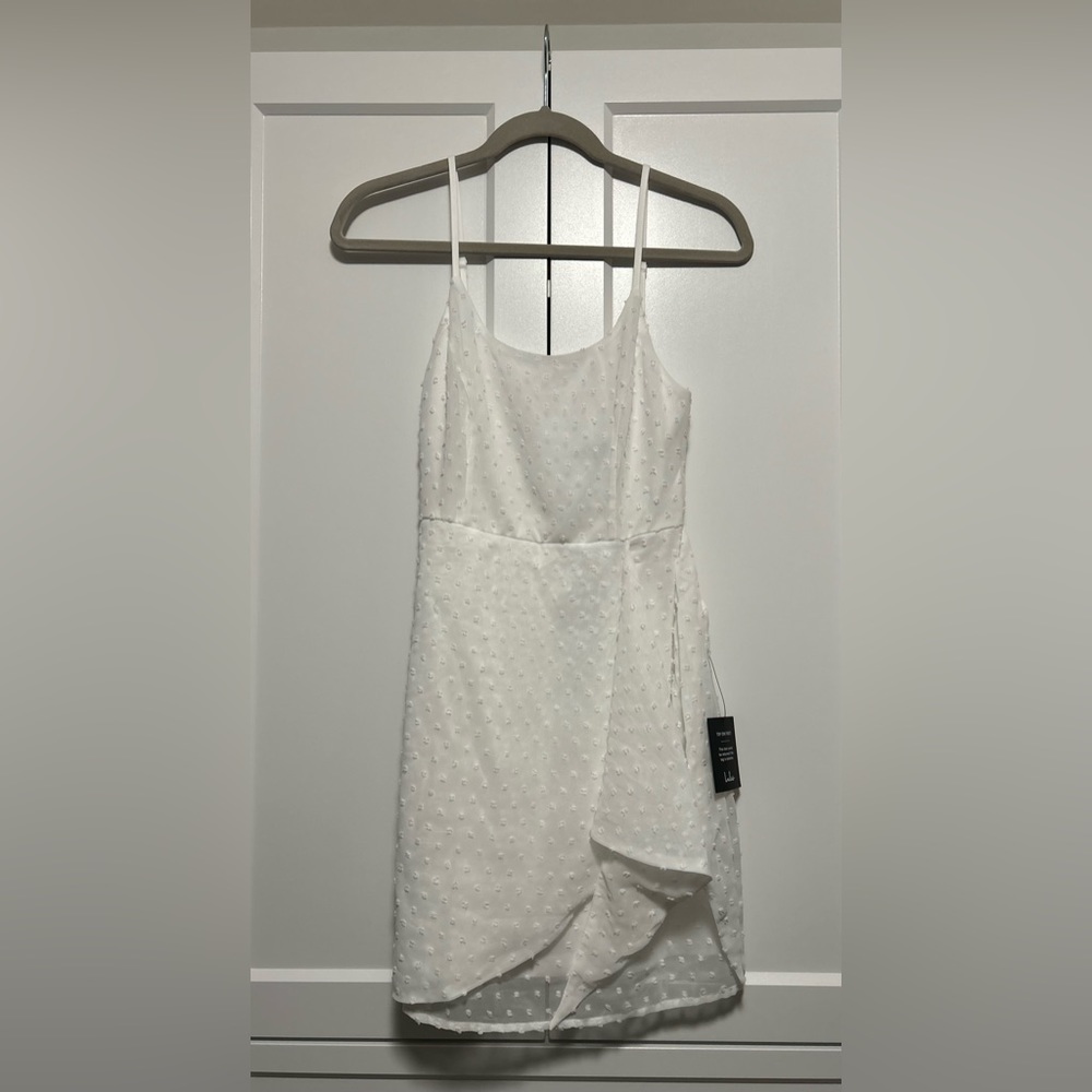 Size XS White Swiss Dot Faux-Wrap Mini Dress (Lulus)